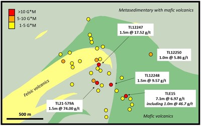 Figure 2: Fold Nose geology with significant drill results (CNW Group/Treasury Metals Inc.)