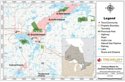 Figure 1: Goldrock and Goliath property map (CNW Group/Treasury Metals Inc.)